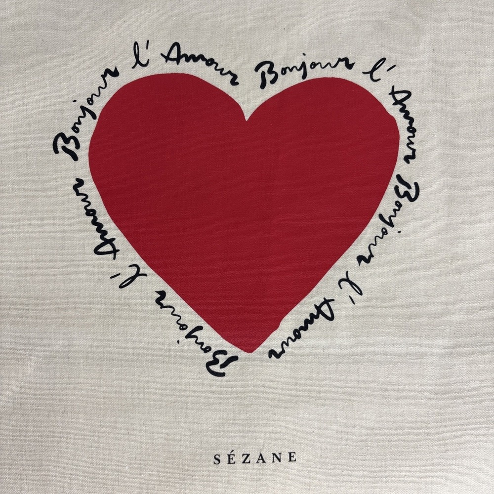 Sezane Cotton Tote Bag Bonjour L'Amour Cream 20x13 Paris - Picture 2 of 8